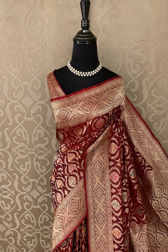 Maroon Uppada Silk Saree Weaving Butas And Border With Blouse