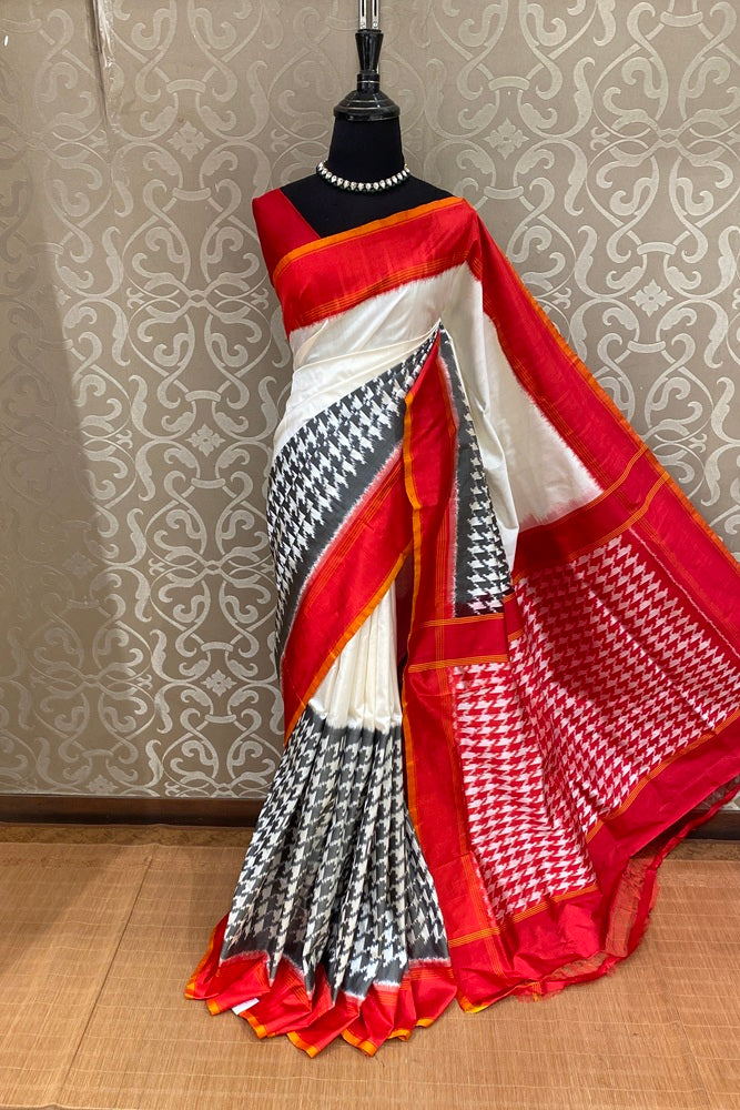 White & Red Pochampally Ikat Silk Saree, Black Colour Weaving With Unstiched Blouse