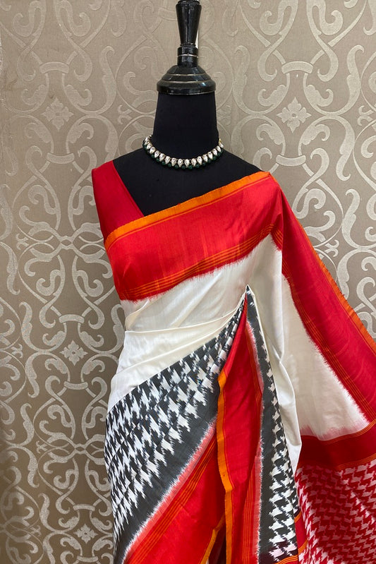 White & Red Pochampally Ikat Silk Saree, Black Colour Weaving With Unstiched Blouse