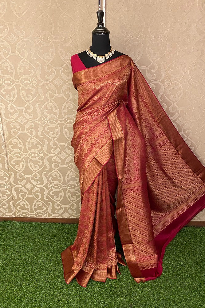 Reddish Pink Brocade Crepe Khaddi Saree, With  Blouse