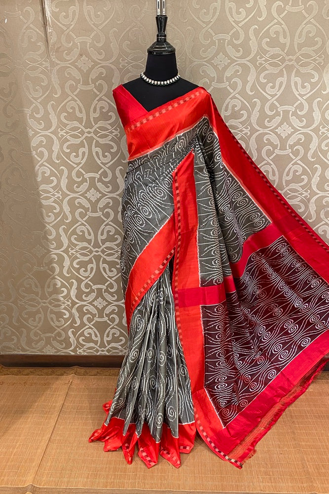 Grey & Red Pochampally Ikat Silk Saree, White Colour Weaving With Unstiched Blouse