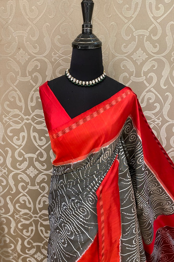 Grey & Red Pochampally Ikat Silk Saree, White Colour Weaving With Unstiched Blouse
