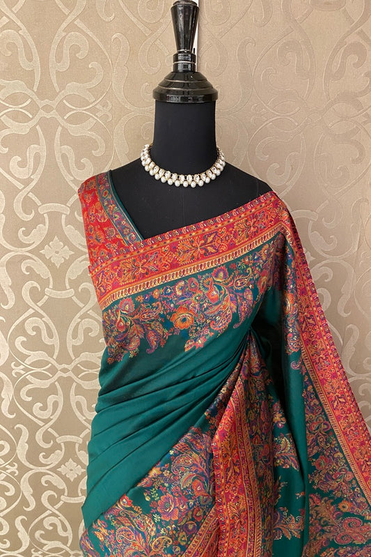 Bottle Green Pure Kani Handloom Silk Saree With Floral Woven Blouse