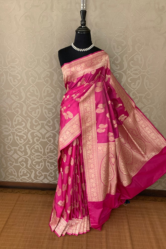 MAGENTA PINK UPPADA SILK SAREE WEAVING BUTAS AND BORDER WITH BLOUSE