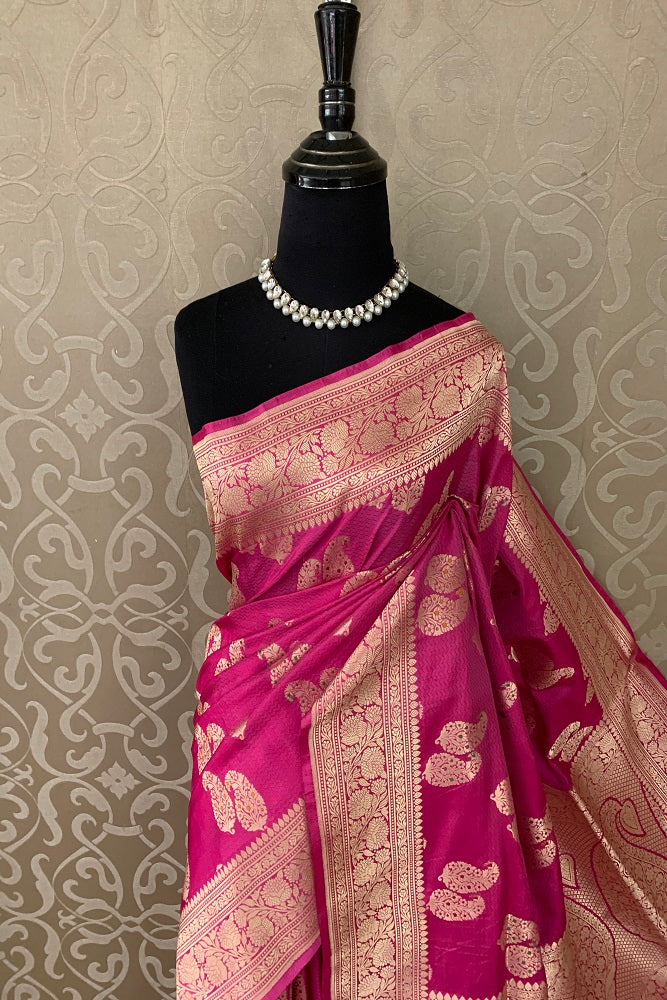 MAGENTA PINK UPPADA SILK SAREE WEAVING BUTAS AND BORDER WITH BLOUSE