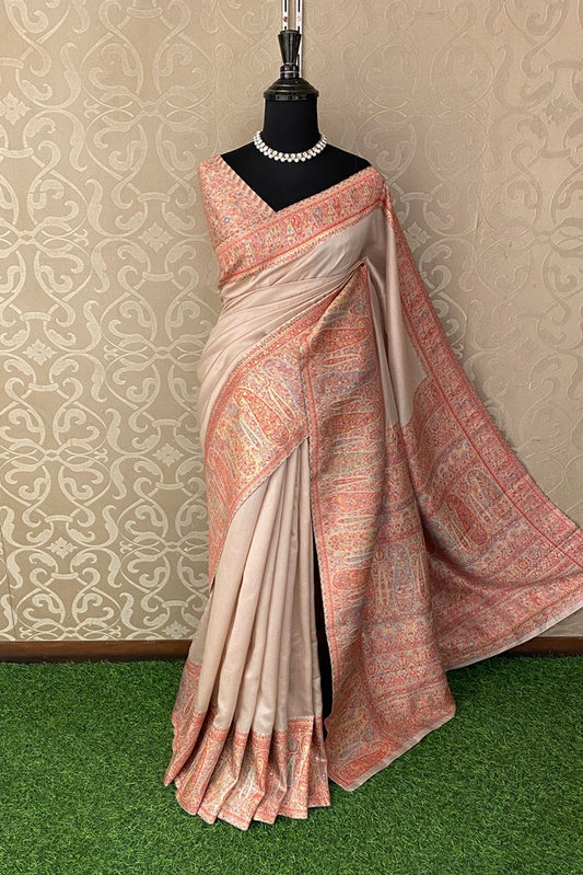 Light Peach Pure Kani Handloom Silk Saree With Floral Woven Blouse