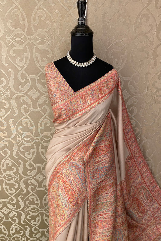 Light Peach Pure Kani Handloom Silk Saree With Floral Woven Blouse