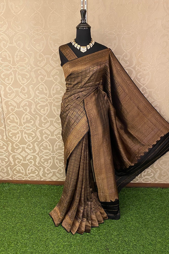 Black Brocade Crepe Khaddi Saree, With  Blouse