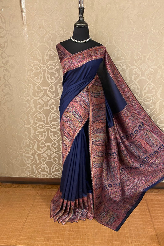 Navy Blue Pure Kani Handloom Silk Saree With Floral Woven Blouse