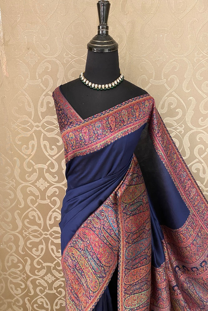 Navy Blue Pure Kani Handloom Silk Saree With Floral Woven Blouse