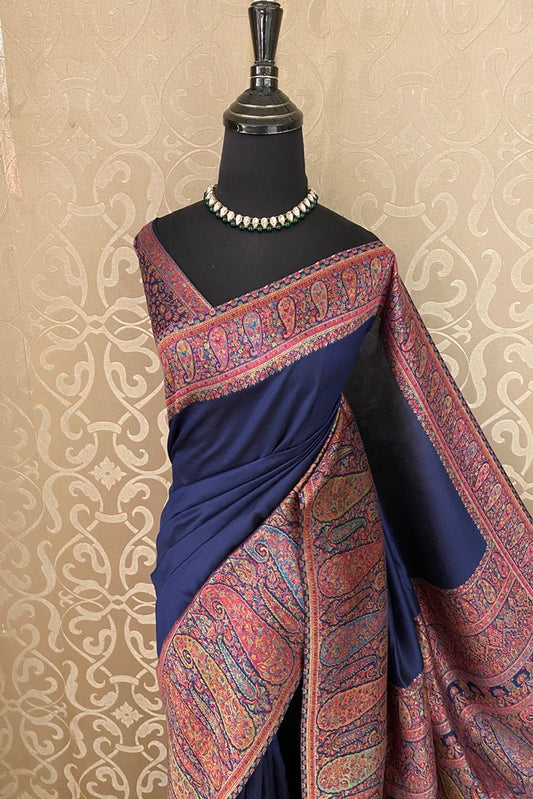 Navy Blue Pure Kani Handloom Silk Saree With Floral Woven Blouse