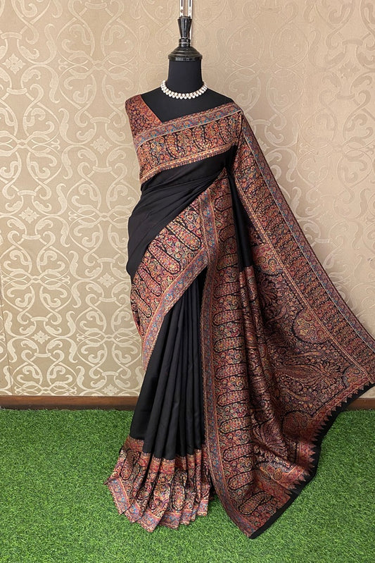 Black Pure Kani Handloom Silk Saree With Floral Woven Blouse