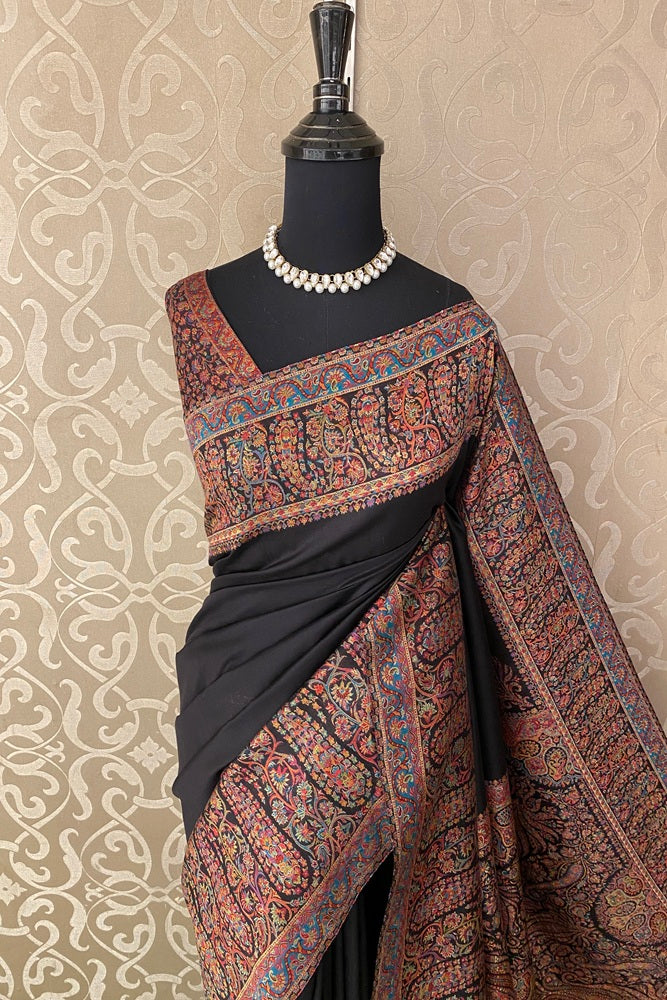 Black Pure Kani Handloom Silk Saree With Floral Woven Blouse