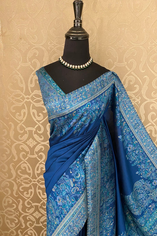 Deep Blue Pure Kani Handloom Silk Saree With Floral Woven Blouse