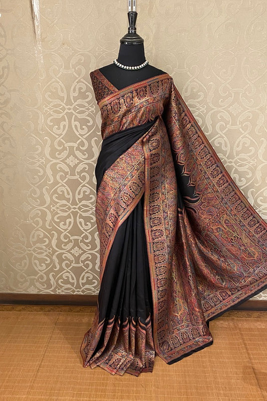Black Pure Kani Handloom Silk Saree With Floral Woven Blouse