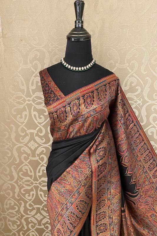 Black Pure Kani Handloom Silk Saree With Floral Woven Blouse