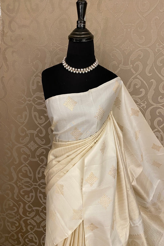 Offwhite Pure Kanjeevaram Silk Saree, With Unstiched Blouse