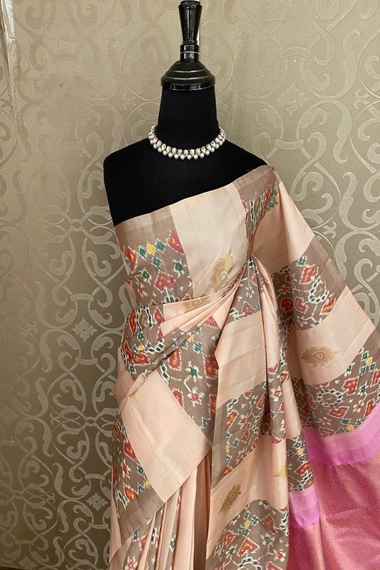 Peach & Beige Pure Ikat Kanjeevaram Silk Saree, With Unstiched Blouse