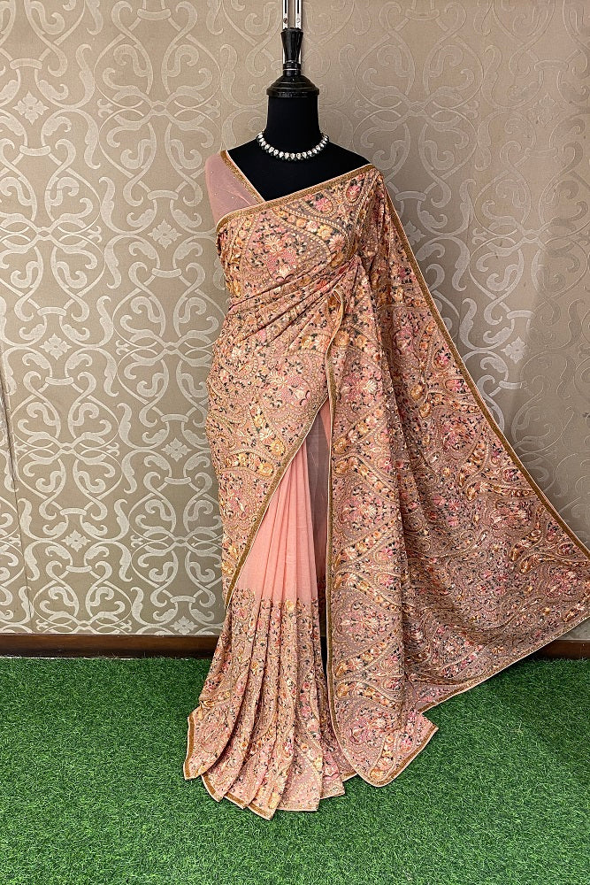 Pink Georgette Kashmiri Work Saree With Embroidery Border