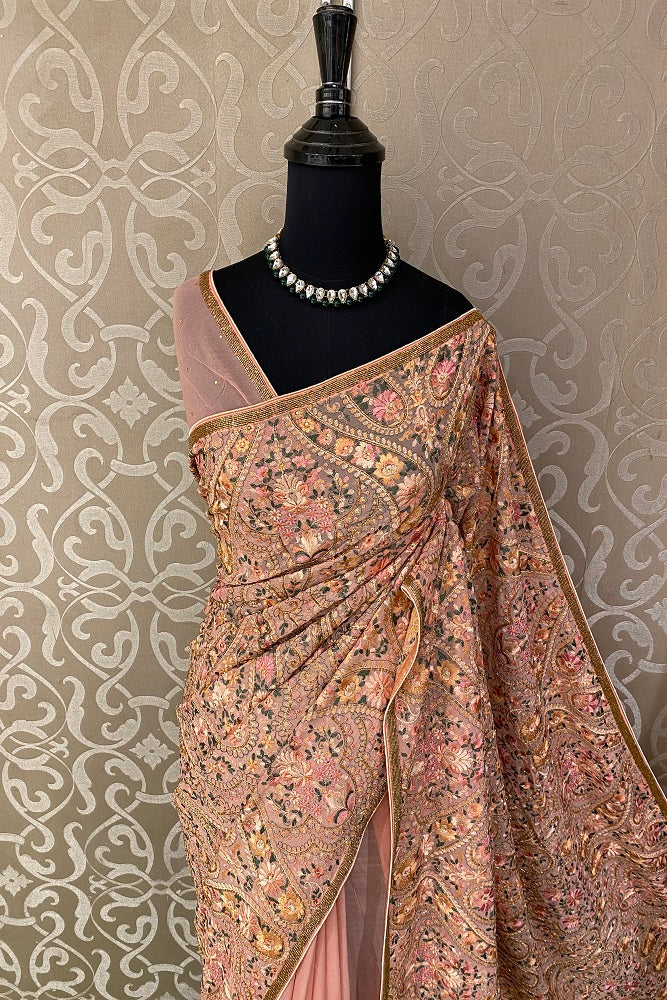 Pink Georgette Kashmiri Work Saree With Embroidery Border