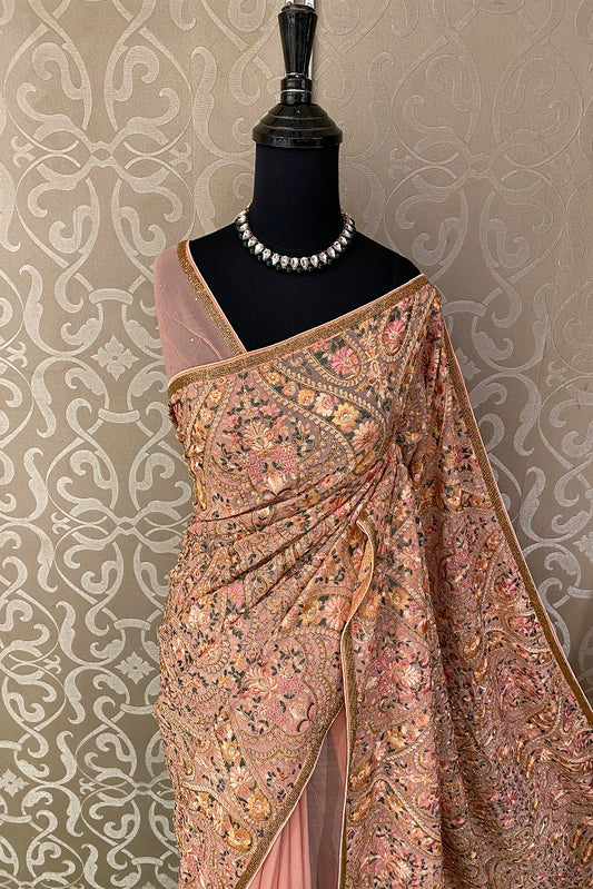 Pink Georgette Kashmiri Work Saree With Embroidery Border