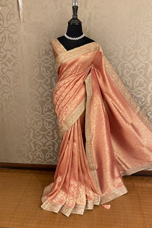 Peach Tissue Banarasi Embroidery Saree With Unstiched Blouse