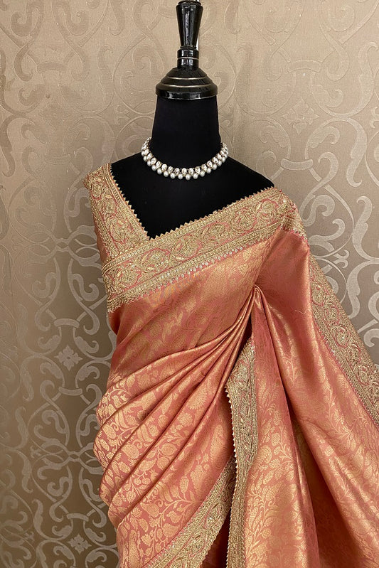 Peach Tissue Banarasi Embroidery Saree With Unstiched Blouse