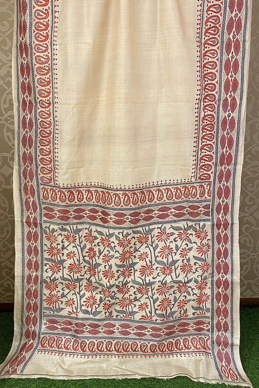 Offwhite Tussar Embroidery Saree With Kantha Work Border, With Unstitched Blouse
