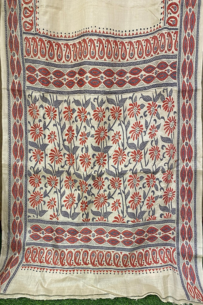 Offwhite Tussar Embroidery Saree With Kantha Work Border, With Unstitched Blouse