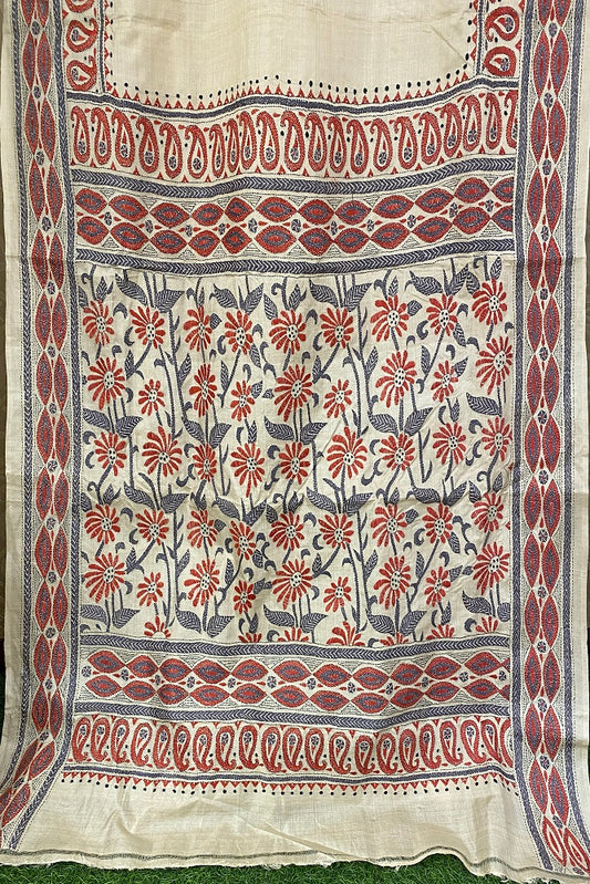 Offwhite Tussar Embroidery Saree With Kantha Work Border, With Unstitched Blouse