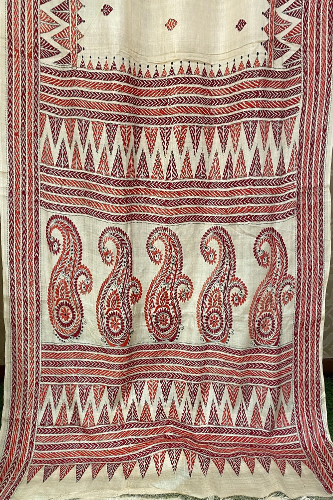 Offwhite Red Tussar Embroidery Saree With Kantha Work Border, With Unstitched Blouse