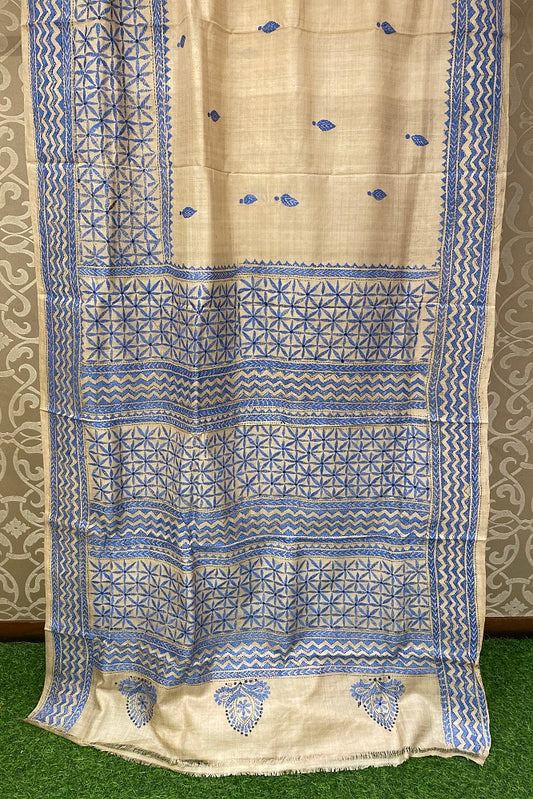 Offwhite Blue Tussar Embroidery Saree With Kantha Work Border, With Unstitched Blouse