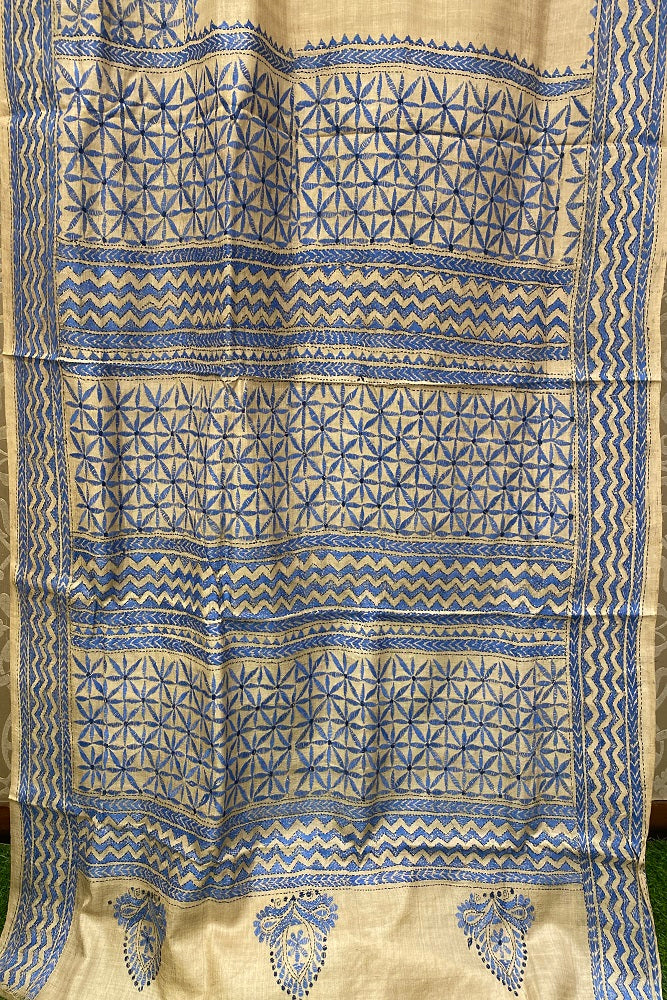 Offwhite Blue Tussar Embroidery Saree With Kantha Work Border, With Unstitched Blouse