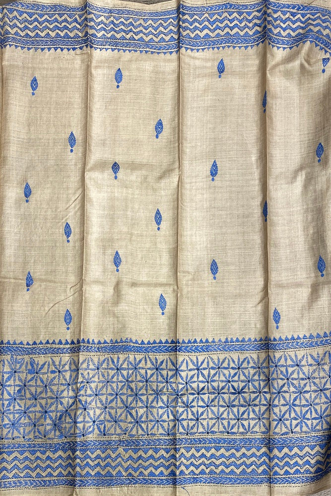 Offwhite Blue Tussar Embroidery Saree With Kantha Work Border, With Unstitched Blouse