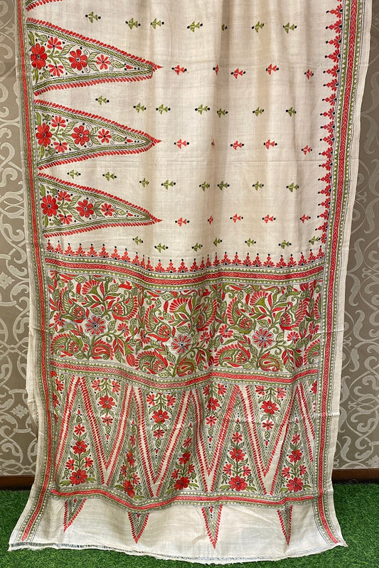 Offwhite Tussar Embroidery Saree With Kantha Work Border, With Unstitched Blouse