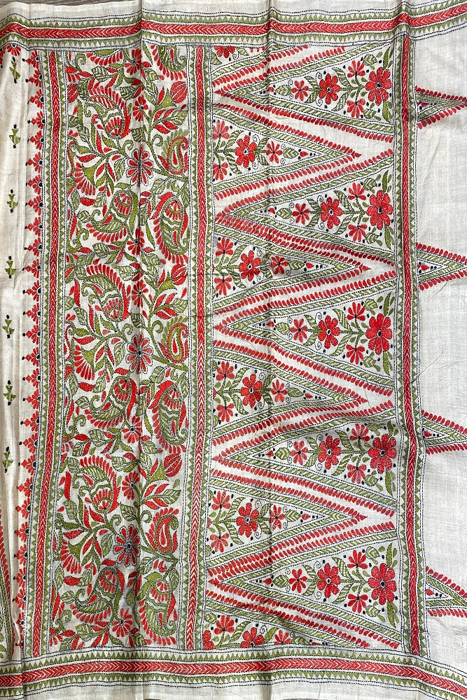 Offwhite Tussar Embroidery Saree With Kantha Work Border, With Unstitched Blouse