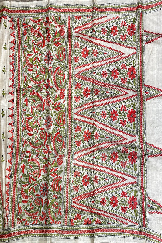 Offwhite Tussar Embroidery Saree With Kantha Work Border, With Unstitched Blouse