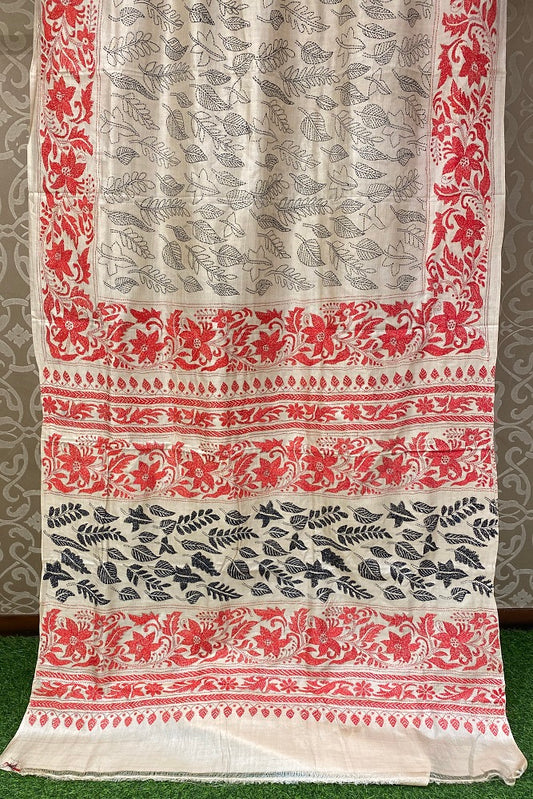 Offwhite Red Tussar Embroidery Saree With Kantha Work Border, With Unstitched Blouse