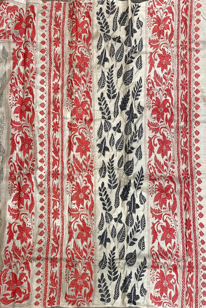Offwhite Red Tussar Embroidery Saree With Kantha Work Border, With Unstitched Blouse