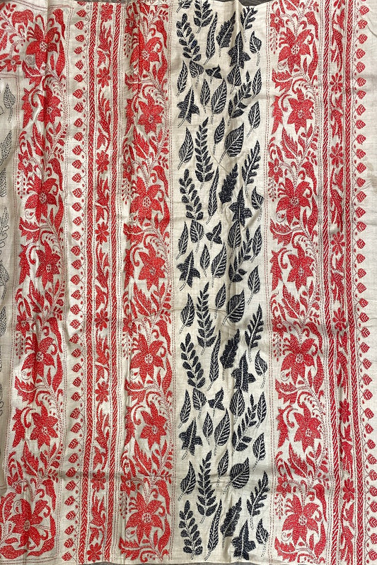 Offwhite Red Tussar Embroidery Saree With Kantha Work Border, With Unstitched Blouse