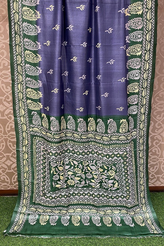 Violet & Green Tussar Embroidery Saree With Kantha Work Border, With Unstitched Blouse