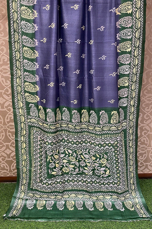 Violet & Green Tussar Embroidery Saree With Kantha Work Border, With Unstitched Blouse