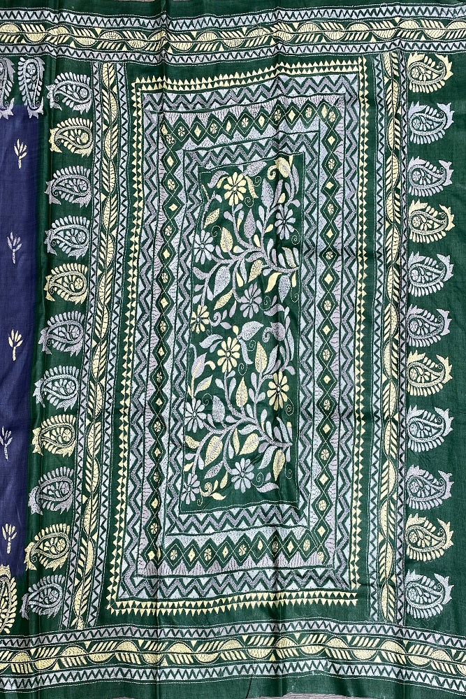 Violet & Green Tussar Embroidery Saree With Kantha Work Border, With Unstitched Blouse
