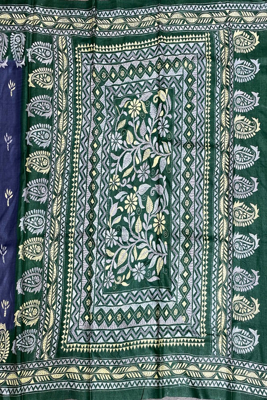 Violet & Green Tussar Embroidery Saree With Kantha Work Border, With Unstitched Blouse