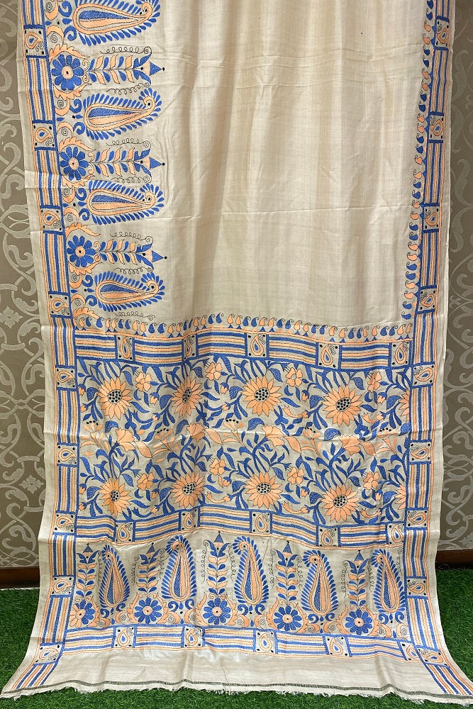 Offwhite Blue Tussar Embroidery Saree With Kantha Work Border, With Unstitched Blouse