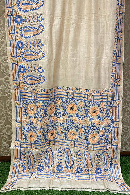 Offwhite Blue Tussar Embroidery Saree With Kantha Work Border, With Unstitched Blouse