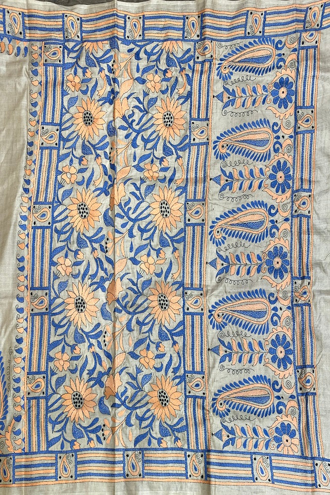 Offwhite Blue Tussar Embroidery Saree With Kantha Work Border, With Unstitched Blouse