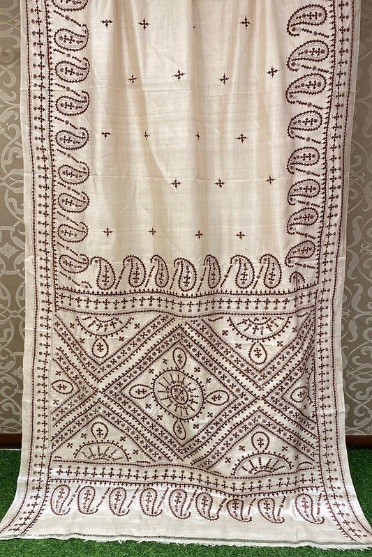 Offwhite Tussar Embroidery Saree With Kantha Work Border, With Unstitched Blouse