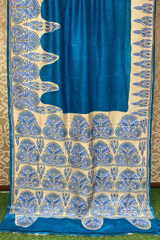 Blue Tussar Embroidery Saree With Kantha Work Border, With Unstitched Blouse