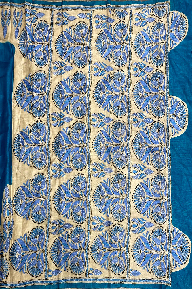 Blue Tussar Embroidery Saree With Kantha Work Border, With Unstitched Blouse